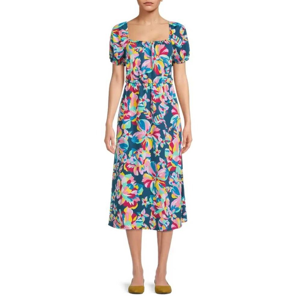 NWT Vibrant Rainbow Floral Tie-Back Midi Dress Size XL Beach Vacation Tropical
